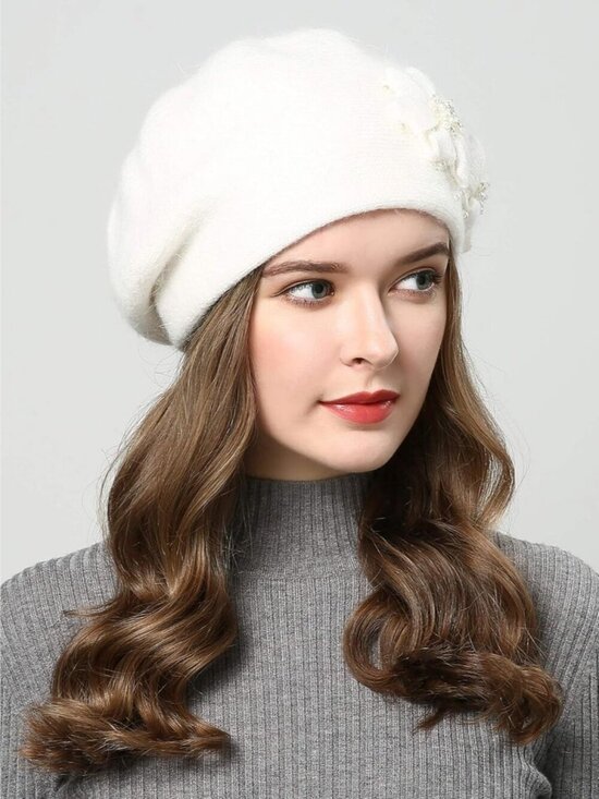 Women\'s Winter Knit Beret Hat Rabbit Hair French Warm Casual Beanie Hat White